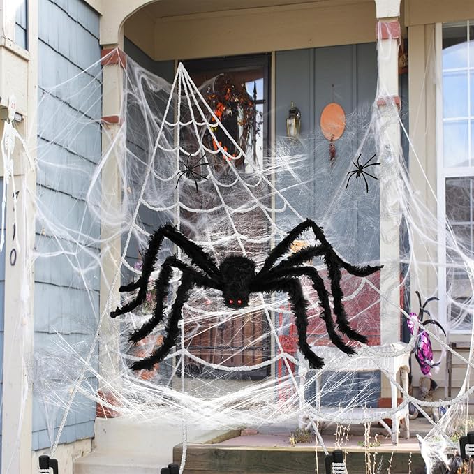 200" Halloween Spider Web + 59" Giant Spider Decorations, Triangular Huge Spiders Web and Hairy Scary Fake Spider, for Indoor Outdoor Porch Yard, Scary Haunted House Party, and Halloween Décor