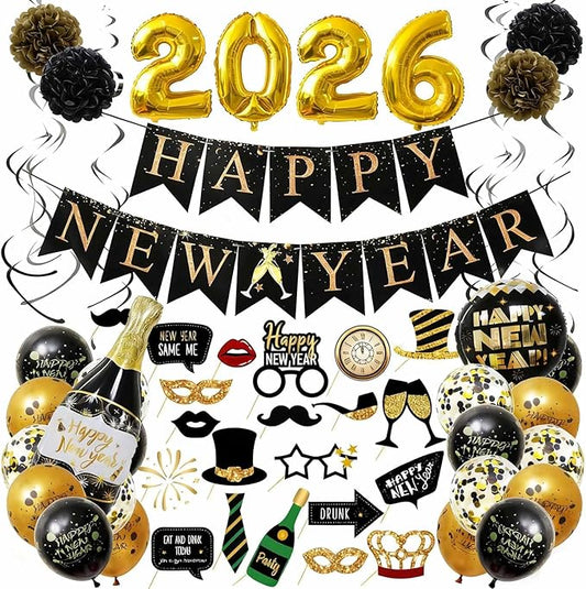 Happy New Year Party Decoration 2026 - New Years Eve Party Supplies 2026 Foil Balloon, Happy New Year Banner, New Years Photo Props, Gold Black Bunting Swirl Streamers, Pom Poms New Years Décor
