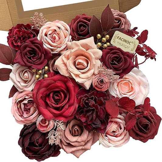 Roses Artificial Flowers Burgundy Fake Flower Bulk for DIY Wedding Bouquet Bridal Baby Shower Centerpiece Table Decorations Cake Decorating Silk Faux Floral Arrangements Party Home Decor Dusty