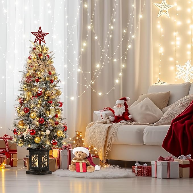 GarveeHome 4.5ft Prelit Christmas Trees with 200 Warm Lights & 20 Clusters Red Berry, Artificial Potted Xmas Tree with 8 Light-Modes, Snowflake Base, Holiday Decor, 1 PCS