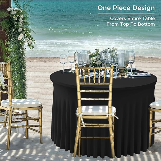 HolidayIdeas 60 Inch Black Spandex Round Table Skirts,Fitted Stretch Tablecloths for Round 5 ft Table, Wrinkle-Free Ruffle Design Tablecloths for Banquets,Trade Shows, Parties, Events, 6 Pcs