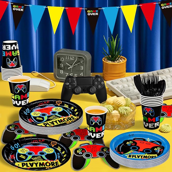 DYLIVeS Video Game Birthday Party Decorations, 180 pcs Gaming Party Supplies for Boys Child Game Party Tableware Set - Include Banner, Gamer 9" and 7" Paper Plates, Cups, Napkins, Cutlery, Serves 24