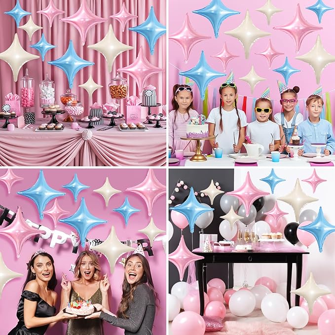Pink Blue White Star Balloons,12Pcs Four Angle Star Foil Balloons,26Inch and 10Inch Pink Blue Cream White Quadrangle Helium Balloon for Birthday Baby Shower Gender Reveal Party Decorations