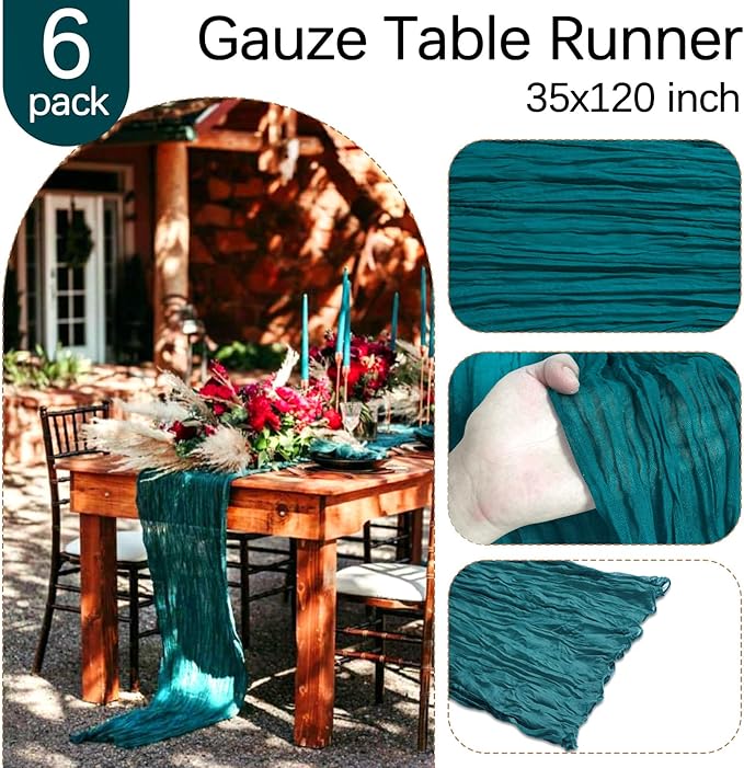 6 Pack Teal Cheesecloth Table Runner 10FT Boho Gauze Fabric Table Runner 35 x 120 Inch Rustic Sheer Runner for Centerpiece Wedding Decor Baby Shower Party Boho Table Decoration(Teal)