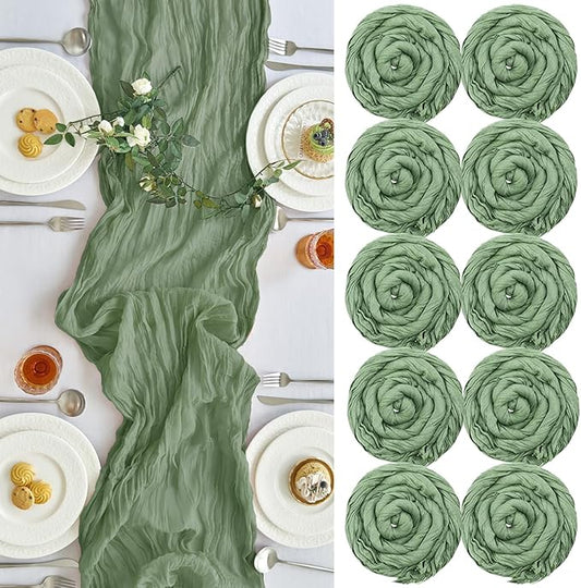 IVAPUPU 10 Pcs Cheesecloth Table Runner - 10ft Sage Green Boho Gauze Cheese Cloth Table Runners for Baby Shower Decoration Wedding Party Summer Garden Farmhouse