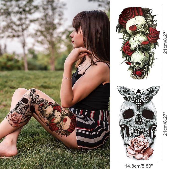 Rose Skull Temporary Tattoo Sleeve for Women Leg, 4-Sheet Full Arm Realistic Color Flower Skull Fake Sleeve Tattoo Adult Girl and 4-Sheet Large Floral Skeleton Half Temp Tatoo Sticker Thigh Body Art