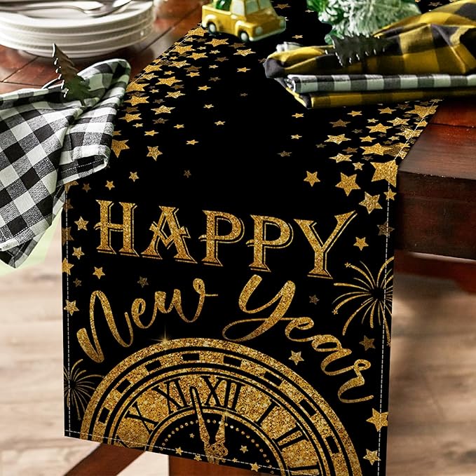 Seliem Happy New Year 2026 Table Runner, Black Gold Stars Clock Celebration Kitchen Dining Table Decor, Golden Fireworks Christmas Winter Home Decoration Indoor Outdoor Party Supply 13 x 90 Inches