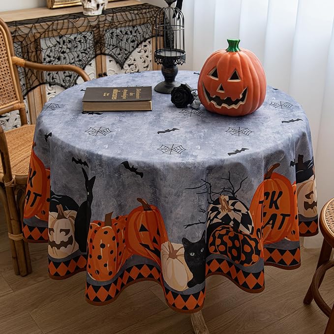 Halloween Waterproof Tablecloth – Spooky Pumpkin, Black Cat, Bat & Spider Web Design – Gray Holiday Table Cover for Party, Dining, and Home Decor, 60" Round