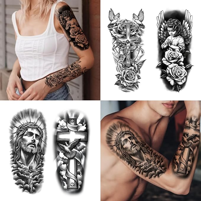 77 Sheets Christian Cross Temporary Tattoo for Women Men, 17 Sheets Half Arm Large Religious Jesus God Fake Tattoos, 60 Sheets Angels Black Christ Tiny for Adult Kids Body Tattoos Stickers Realistic