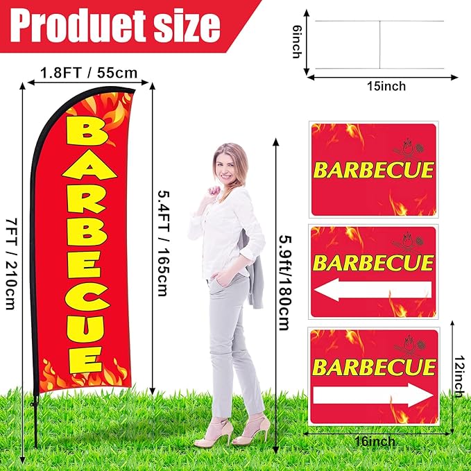 Buryeah BBQ Sign Banner Set Including 1 Pack Barbecue Feather Flag Banner 3 Pack Double Sided Directional Arrow Barbecue Yard Signs with Metal Stake for Business Advertising Outdoor Ground (Red)