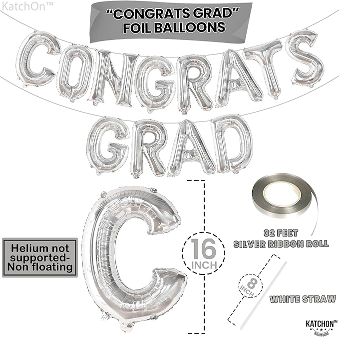 KatchOn, Silver Congrats Grad Balloons - 16 Inch | Foil Congrats Grad Balloon Banner For Graduation Decorations 2025 | Congratulations Balloons | Graduation Party Decorations