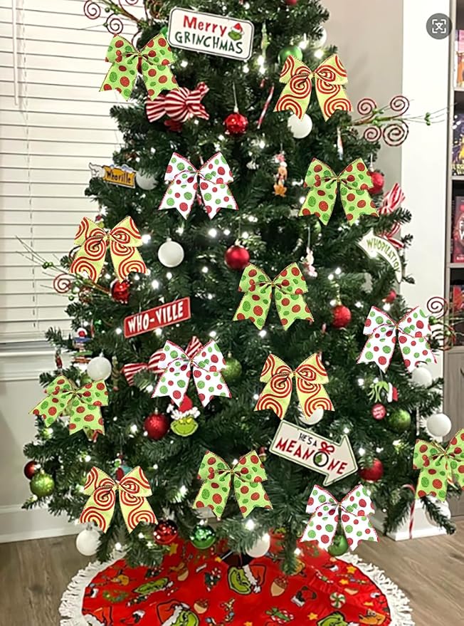 SIMISI RIBBON Christmas Tree Bows Wreaths Graland Xmas Party Decorations Red Green Polka Dot Ornaments (6 * 6 Inches, 12 Pcs)