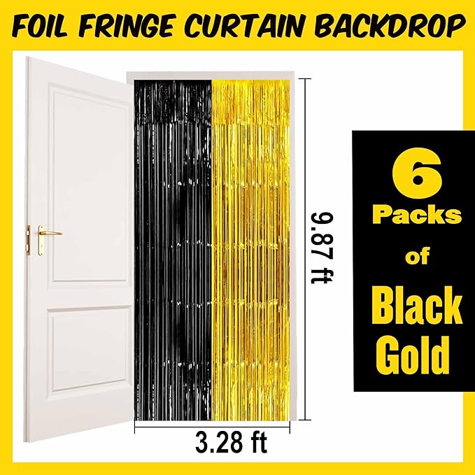 6 Pack Black and Gold Foil Fringe Curtains Backdrop, 3.28 x 9.8 Ft Metallic Streamers Tinsel Curtains Background for Photo Booth, Birthday, Halloween, Christmas, New Year Party Decorations