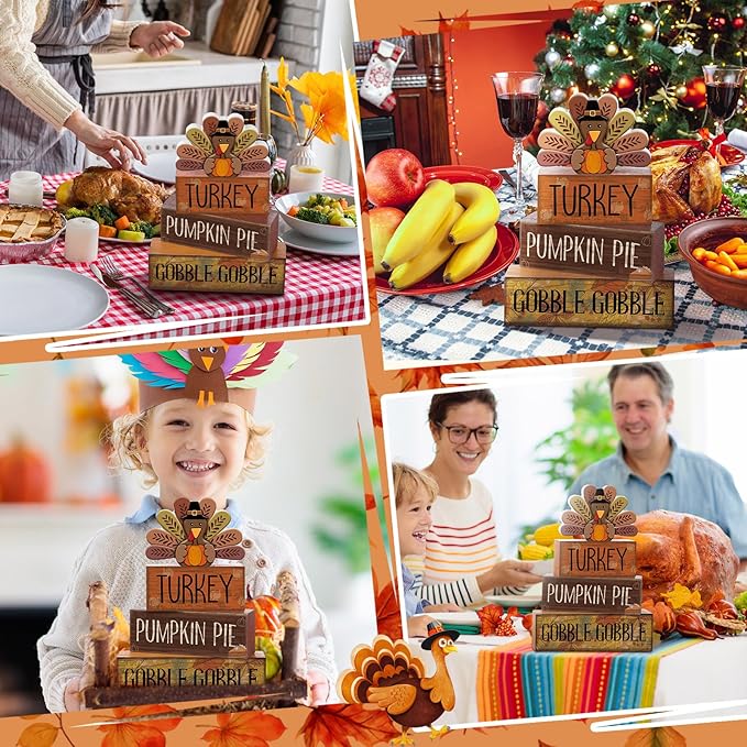 4 Pcs Thanksgiving Decorations for Home Wooden Turkey Decor Fall Tiered Tray Decor Thanksgiving Table Centerpiece Rustic Wooden Turkey Block Sign for Autumn Harvest Party Kitchen Shelf