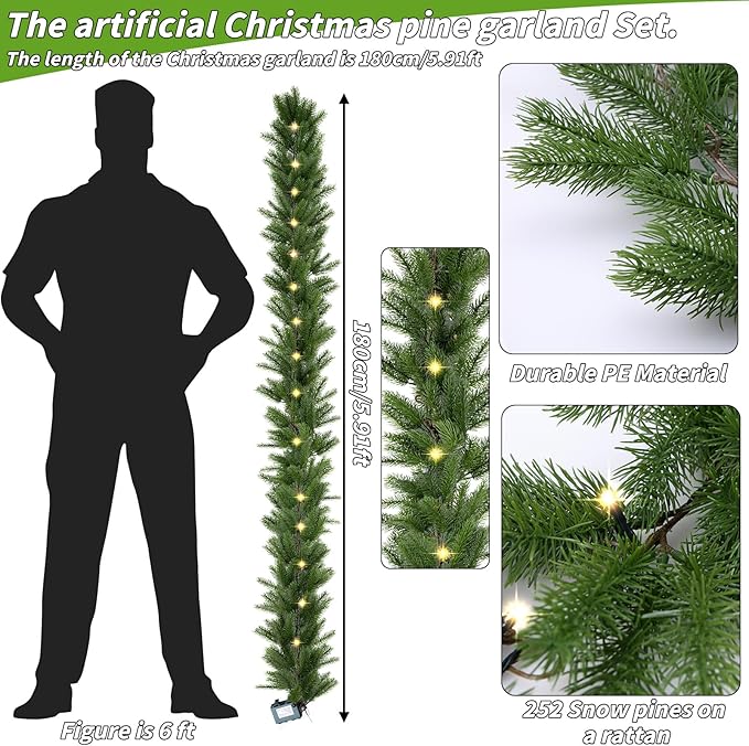 Christmas Garland with Lights, 70.9 Inch Lighted Garland, Realistic Greenery Norfolk Pine Garlands, 18 LED Lights Battery Powered, Timer Included Greenery Garlands for Mantle Christmas Decor