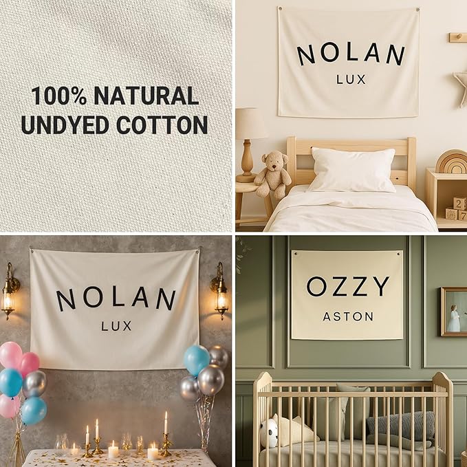 Custom Baby Name Canvas Flag, Personalized Nursery Name Sign Canvas Banner for Wall Decor, Customized Cotton Banner Flag for Baby Shower Birthday Party Gifts, Boho Nursery Kids Room Art Decoration