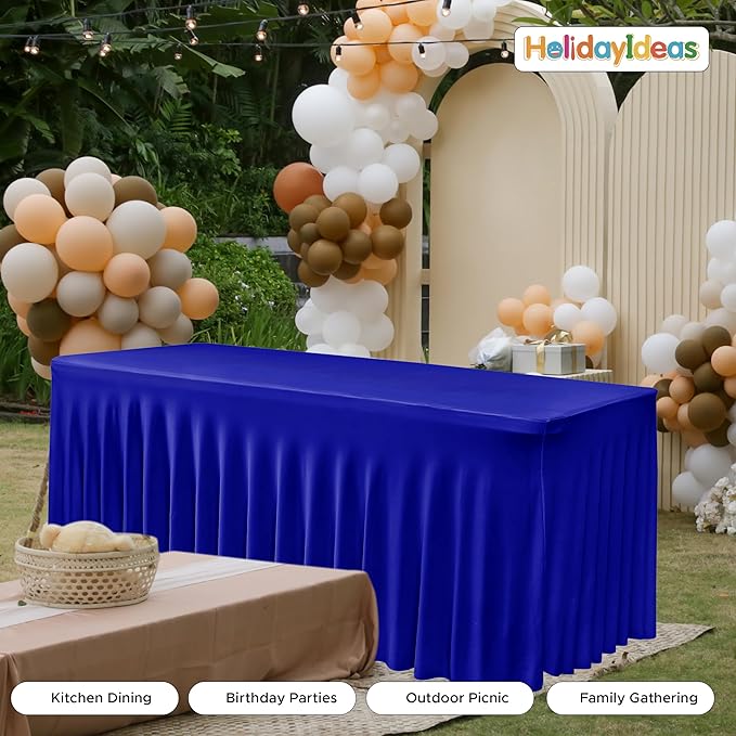 HolidayIdeas Royal Blue 8ft Rectangle Spandex Tablecloth 4 Pcs Fitted Stretch Table Skirts 30x96 Inch, Ruffle Design Wrinkle-Free Polyester Table Cover for Banquets,Trade Shows, Parties, Events