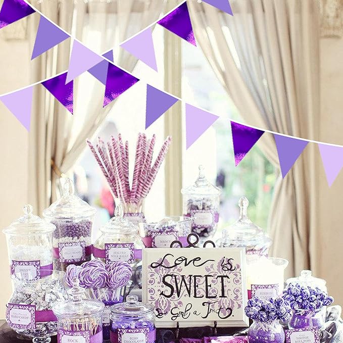 32Ft Purple Party Decorations Metallic Purple Triangle Banner Flag Pennant Fabric Garland Streamers for Lavender Birthday Baby Shower Bachelorette Wedding Violet Graduation Party Decor Supplies