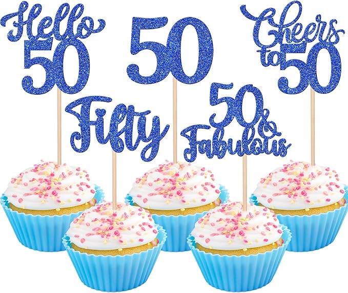 30PCS Happy 50th Birthday Cupcake Toppers Glitter Hello 50 Fabulous Fifty Cheers to 50 Years Old Birthday Cupcake Picks for Happy 50th Birthday Anniversary Party Cake Decorations Supplies Blue
