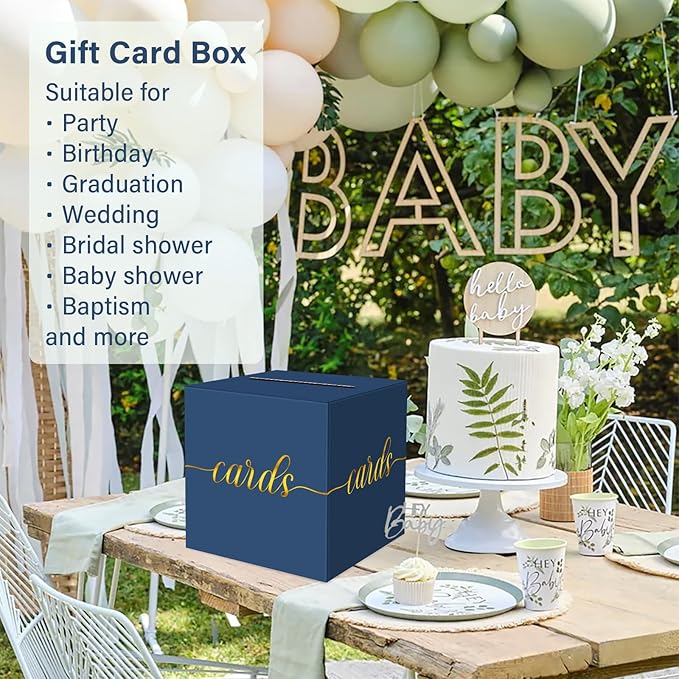 1 Pack Navy Blue and Gold Foil Card Box for Party, 8.7" Navy Blue Gift Card Box Money Box for Birthday, Wedding, Baby Shower, Retirement, Anniversary, Graduation, Raffle Ticket