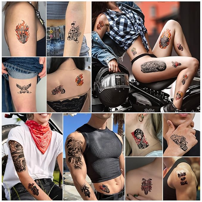 77 Sheets Motorcycle Temporary Tattoo for Women Men, 17 Sheets Half Arm Large Wing Skull Flowers Fake Tattoos, 60 Sheets Black Tiny for Adult Kids Party Body Tattoos Stickers Realistic