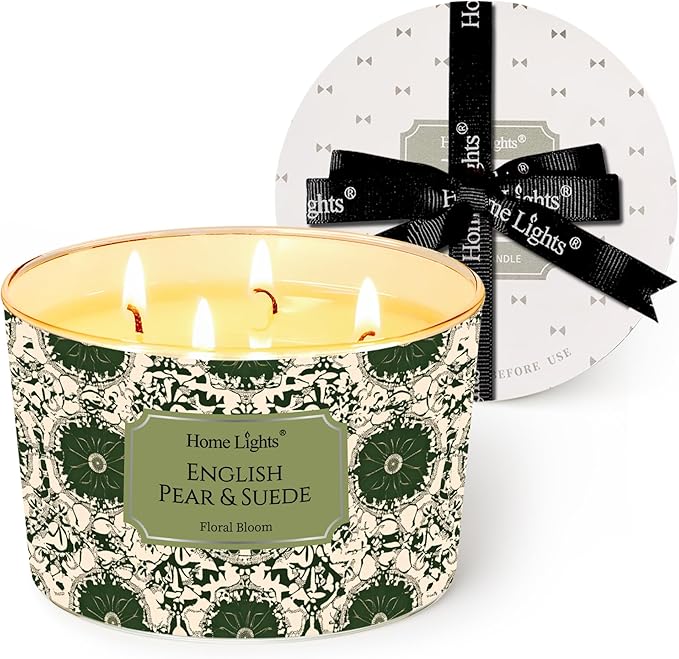 HomeLights Soy Wax Candles for Home Scented, 4-Wick Candles in English Pear & Suede Scented, Aromatherapy Candles Gift for Parties, Relaxing, Bohemian Natural Textures, 18oz