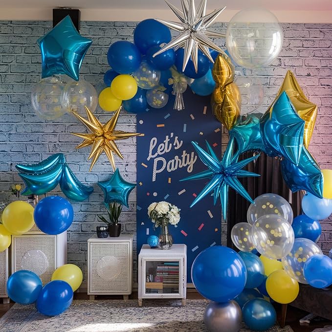 120PCS Blue and Yellow Balloon Arch Kit, Light Blue Yellow White DIY Cartoon Theme with 2pcs 4D Star for Theme Birthday Anniversary Graduation Baby Shower Party Decorations