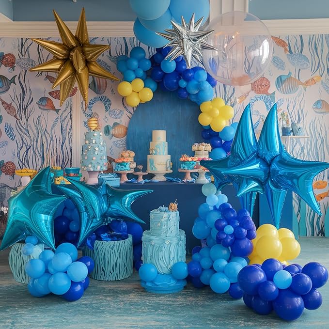 120PCS Blue and Yellow Balloon Arch Kit, Light Blue Yellow White DIY Cartoon Theme with 2pcs 4D Star for Theme Birthday Anniversary Graduation Baby Shower Party Decorations
