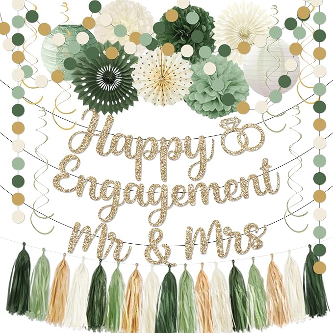 Engagement Party Decorations,Green Sage Congratulations Decorations includes Gold Glitter Happy Engagement Banner for Just Engaged Almost Married Party, Bachelorette Party Decorations