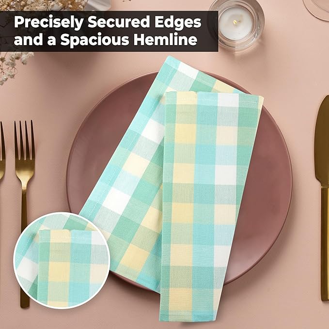 Urban Villa Cotton Dinner Napkins Set of 12 Highly Absorbent Soft Premium Cloth Napkins 20x20 Inches Hotel Quality Reusable & Washable Table Dinner Napkins for Home (Green Sand Buffalo Checks)