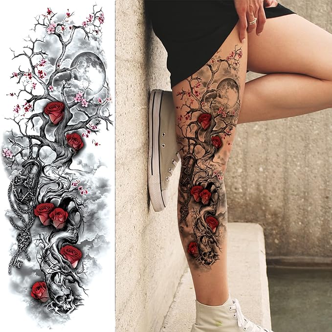Rose Skull Temporary Tattoo Sleeve for Women Leg, 4-Sheet Full Arm Realistic Color Flower Skull Fake Sleeve Tattoo Adult Girl and 4-Sheet Large Floral Skeleton Half Temp Tatoo Sticker Thigh Body Art