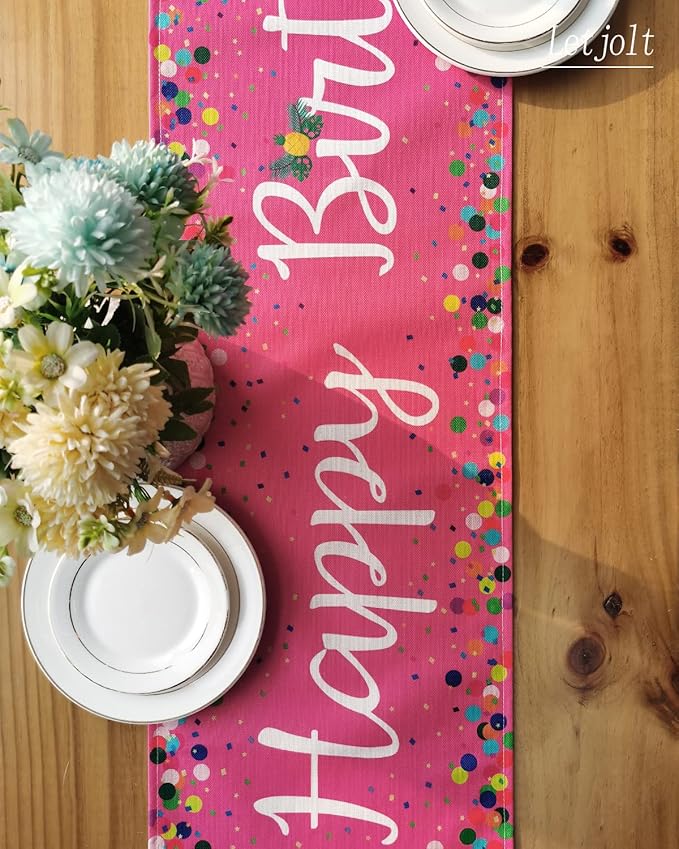 Letjolt Happy Birthday Table Runner 108 Inches Birthday Centerpieces for Tables Birth Day Party Sign Polka Dots Table Decoration, Pink