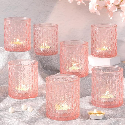 8Pcs Large Votive Candle Holders Pink Tea Light Candle Holders Glass Candle Holder for Wedding, Bridal Shower,Table Centerpiece,Party, Home Decor