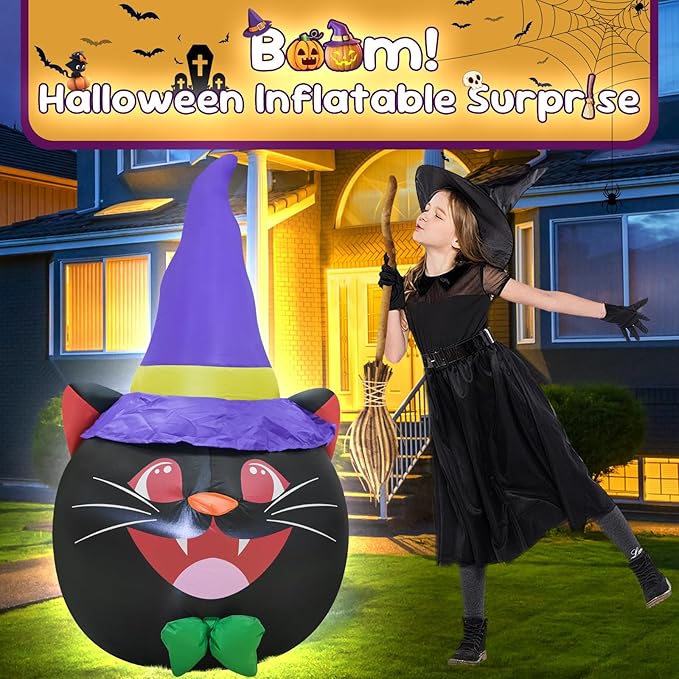 4FT Cat Head Halloween Inflatable Decoration Halloween Parties Holiday Decor Blow Up Decorations with LED Lights Indoor Outdoor Yard Graden Decor