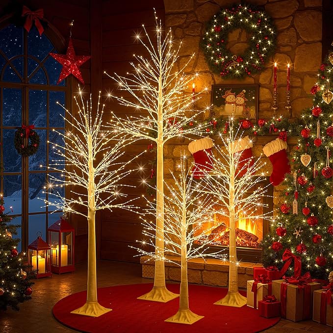 Baquler 4 Pack Lighted Birch Tree - Large Christmas Warm-White LED 8 Mode Light Birch Tree Decoration Set for Thanksgiving Holiday Fall Winter Party Decor, Indoor & Outdoor (4 5 6 8 ft)