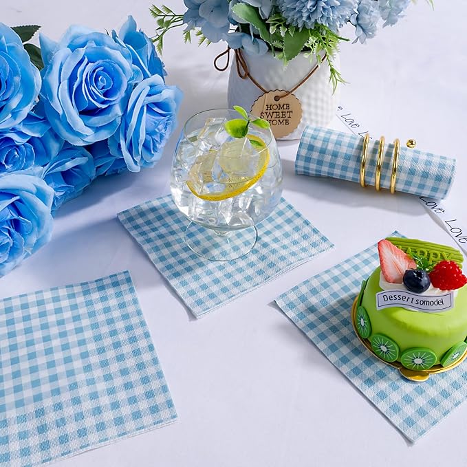 FLOWERCAT 100-Count 2-Ply Blue Checkered Cocktail Napkins Gingham - Blue and White Checkered Napkins Disposable Premium Quality - 5" x 5" Blue Paper Napkins for Easter Party,Bar,Weddings