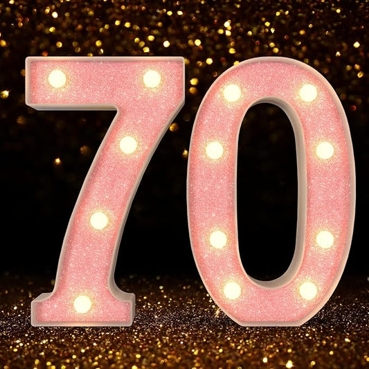 Marquee Numbers Light up Numbers, 0-9 Number Battery Powered LED Light, Pink Glitter Plastic Numbers for 70th Birthday Decorations, Number Decor for Graduation Engagement Wedding Birthday (Number 70)