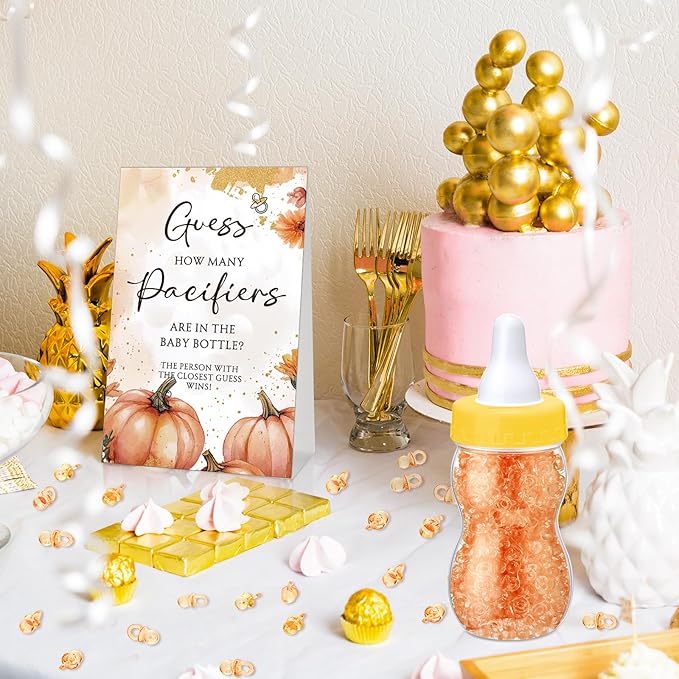 Roowest 512 Pcs Baby Shower Games Guess How Many Pacifiers Sign 100 Small Guessing Games 10 HB Pencils 750ml Milk Bottle 400 Acrylic Pacifiers Decoration for Guest Gender Reveal(Pink,Pumpkin)