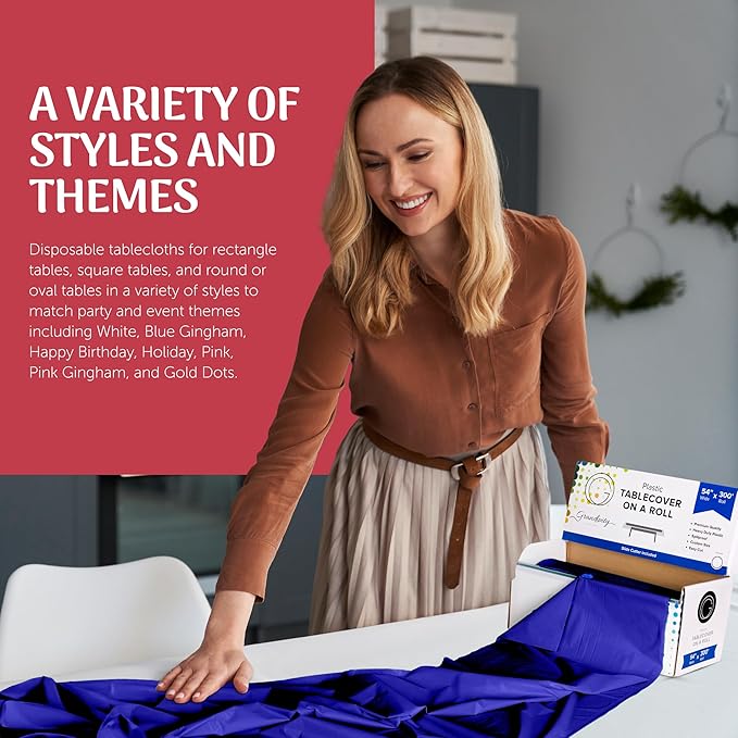 Grandipity Plastic Tablecloth Roll - 54in x 300 Ft. Blue Plastic Table Cloths for Parties Disposable with Cutter Box - Cut to Size Disposable Tablecloth Table Cover for Rectangle & Round