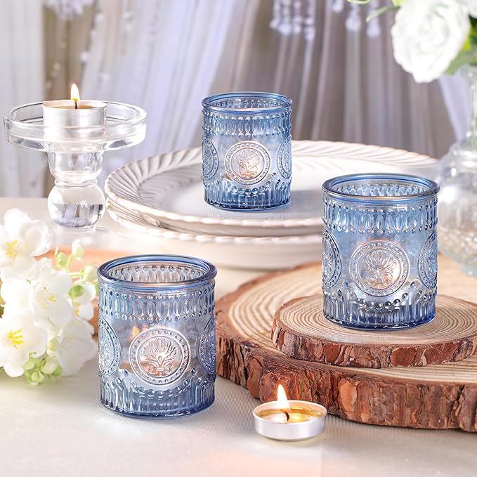 36 Pcs Blue Votive Candle Holders, Glass Tea Light Candle Holders for Wedding Centerpiece, Table Centerpiece, Home and Party Decorations