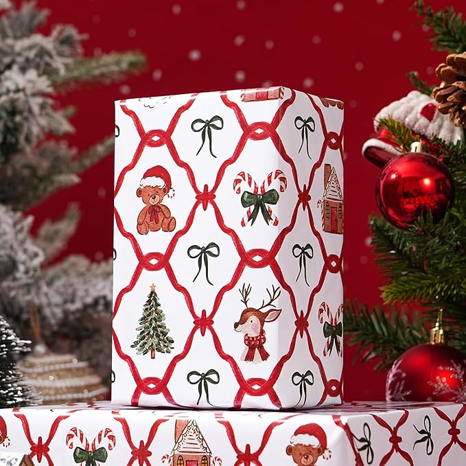 PlandRichW Christmas Wrapping Paper - Red & Green Santa Trellis with Reindeer, Gingerbread, Candy Canes & Teddy Bears - 40×28 Inch Xmas Gift Wrap, 4 Folded Sheets for Kids & Adults