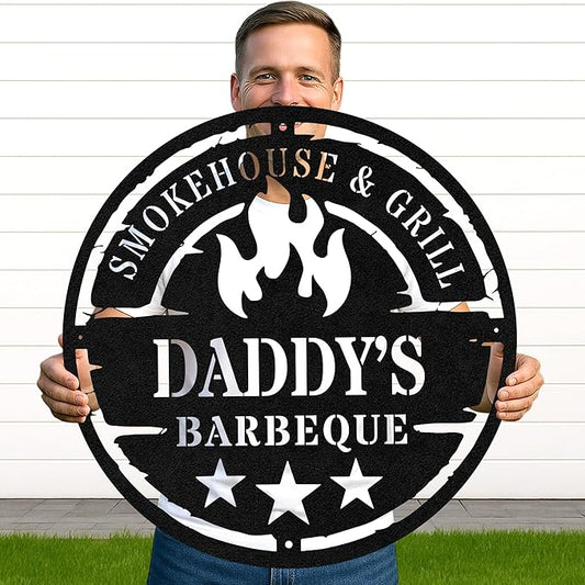 Custom BBQ Grill Metal Sign Personalized Name Wall Art for Outdoor Barbecue Patio Kitchen Backyard Decor Gift for Dad Husband Men Papa Grandpa Father Grilling Enthusiasts Family Lover Funny Gifts 55