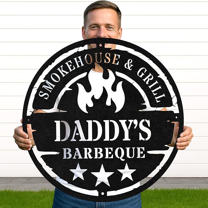 Custom BBQ Metal Sign Personalized Grill Name Wall Art for Outdoor Kitchen Patio Backyard Decor Fathers Gift for Dad Grandpa Husband Barbecue Smoker Area Sign, Grilling Lover Gifts 55