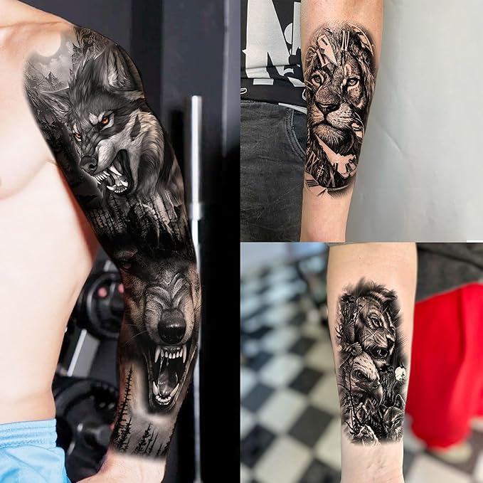 20 Sheets Cool Wolf Lion Tiger Full Arm Temporary Tattoos For Men Adults Thigh, Skull Nun Maori Flower Fake Sleeve Tattoo For Women, 3D Bulk Black Tribal Eye Halloween Clock Christ Tattoo Stickers