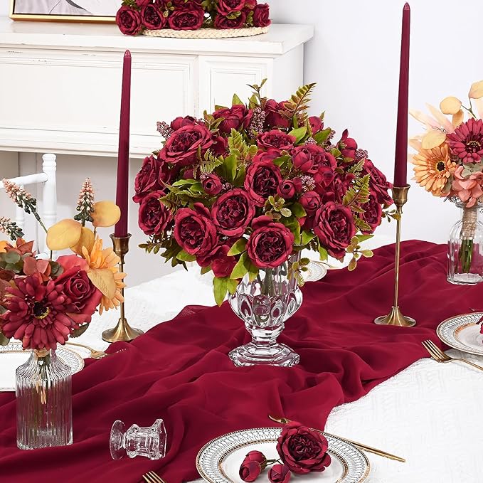MARTINE MALL 4 Packs Peonies Artificial Flowers, Burgundy Artificial Peonies, Silk Peonies Flowers Fake Peonies Artificial Flowers Peonies Bouquet for Halloween Centerpiece Table Wedding Home Decor