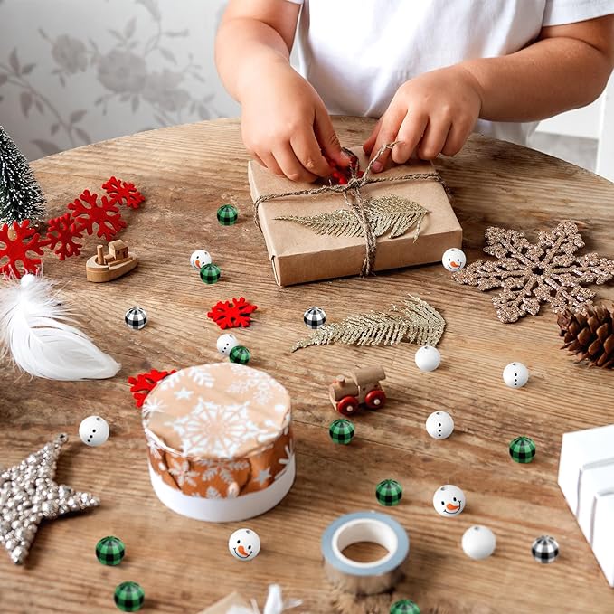 Landical 180 Piece DIY Christmas Snowman Wooden Bead Crafts Christmas DIY Ornaments Buffalo Plaid Wood Round Bead Xmas Print Wooden Beads with Twine Scarf for Crafts (Fresh Colors)
