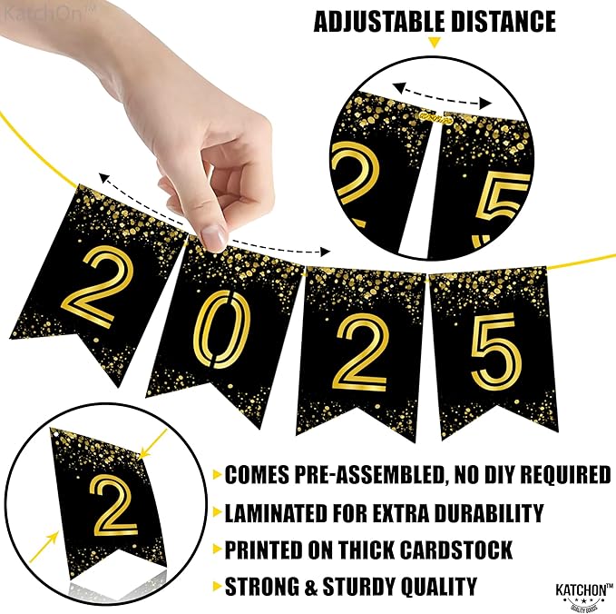 KatchOn,Glitter Graduation 2025 Banner - 8 Feet, No DIY | Black And Gold Graduation Banner 2025 | Graduations Decorations Class of 2025 | 2025 Sign For Graduations Decorations 2025 | Grad Party Decor