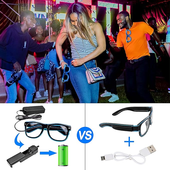 YouRfocus Wireless Led Light up Glasses 2 Pack Glow in The Dark Neon Rave Glasses for Rave Party, EDM, Halloween, Christmas (Blue + Pink)