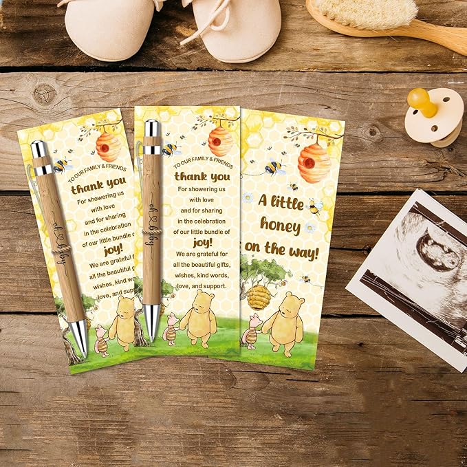 Toerifer 30 Pcs Winnie Baby Shower Favors for 30 Guest, Thank You Gift Sets, Included Bamboo Pens Greeting Cards, Gender Reveal Souvenirs Prizes, Winnie Honey Bee Baby Birthday Decor