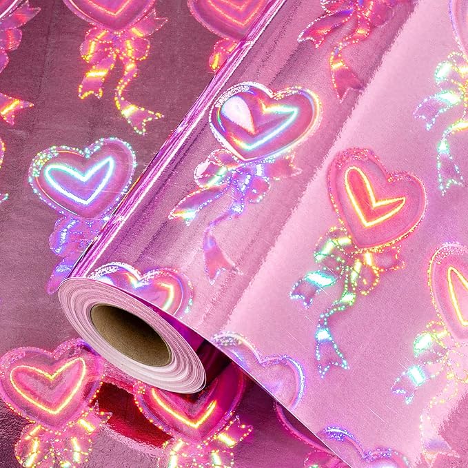 Yarcony Pink Heart Wrapping Paper, Mini Roll, Holographic Hearts Gift Wrap, Love Iridescent Hearts Wrapping Paper for Valentine's Day, Girl Birthday Party, Anniversary,Wedding (17 Inch X 33 Feet)